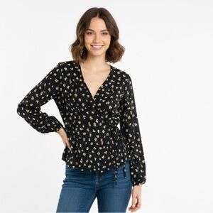 H&M Black Blouse with Yellow Floral Pattern size 6